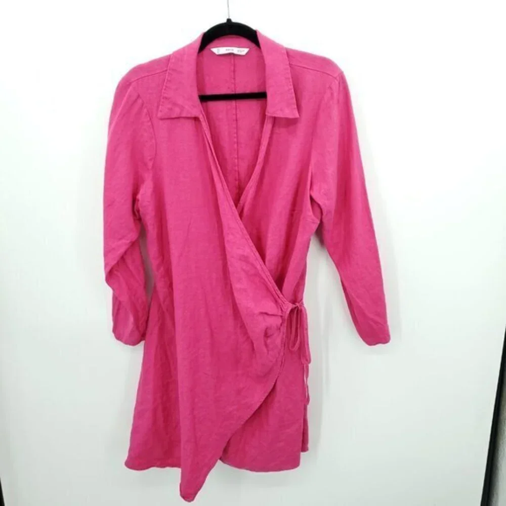 Mango 100% Linen Fuchsia/Barbie Pink Collared Wrap Dress 12